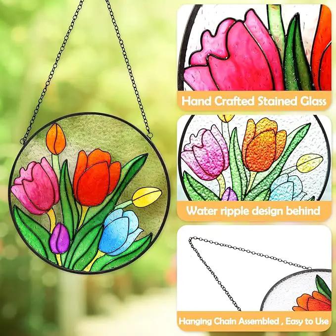 Tuitessine Tulip Suncatcher Stained Glass Window Hanging Panels, 6.3''x6.3'' Round Handmade Hanging Ornament with Chain, Garden Patio Wall Decor Flower Gift for Mom Teachers Friends by GreenHaven Gardens