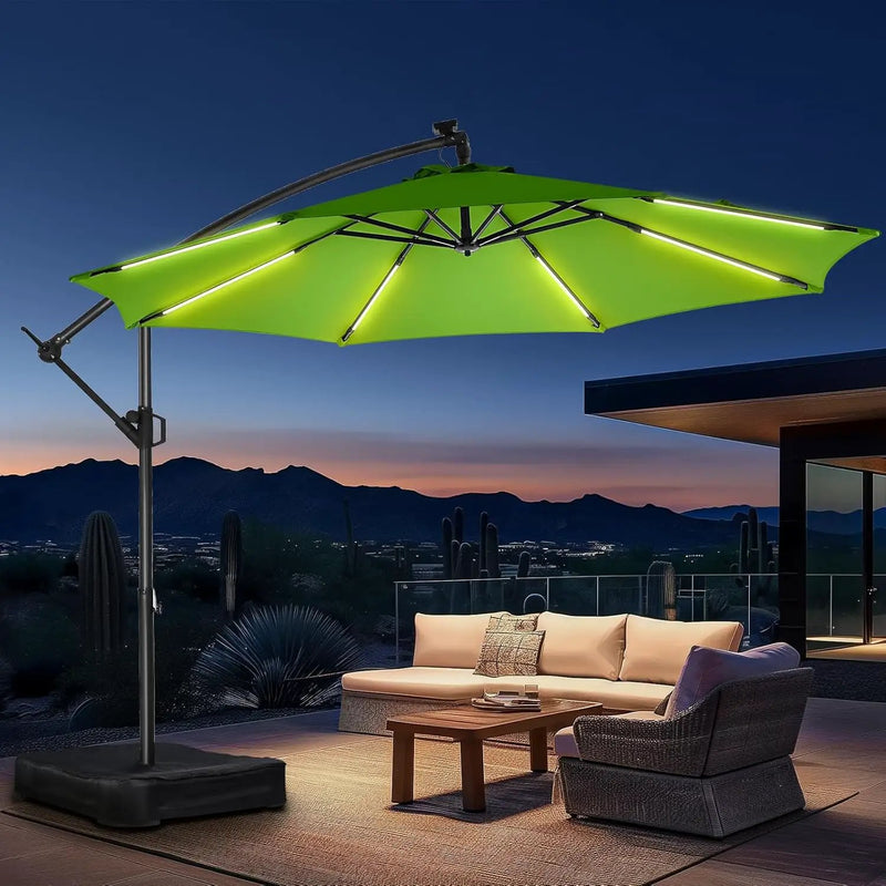 HOMSHADE 10ft Solar Lights Offset Cantilever Patio Umbrella - with Light and Base, LED Lighted Offset Hanging Patio Outdoor Market Umbrella UPF50+ UV Protection with Easy Tilt and Crank (Green) by GreenHaven Gardens