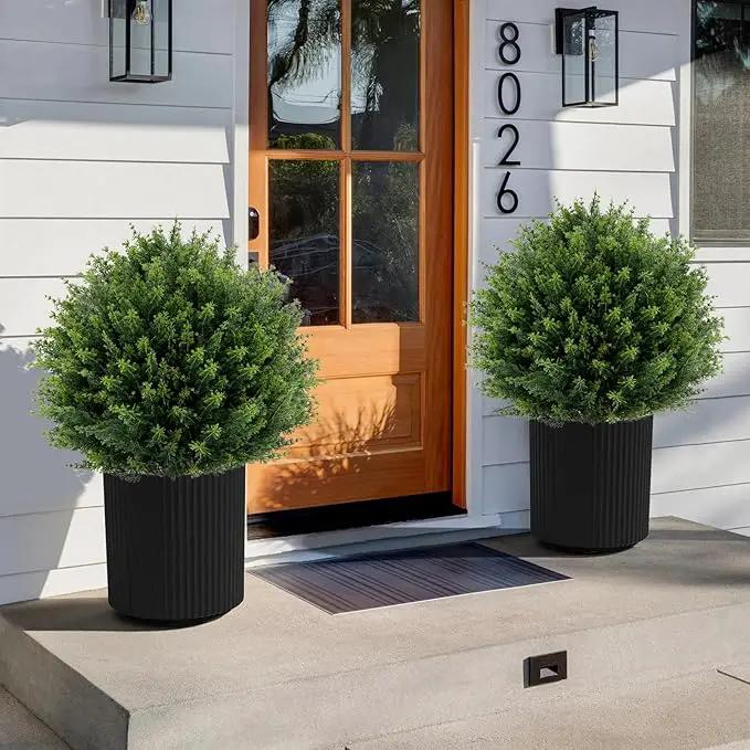 Artificial Cedar Topiary Ball Tree 23" with Ground Spike, Set of 2 Artificial Boxwood Bushes for Faux Shrubs, Fake Evergreen Faux Plant for Indoor Outdoor Porch Garden- UV Resistant – Fade-Proof by GreenHaven Gardens