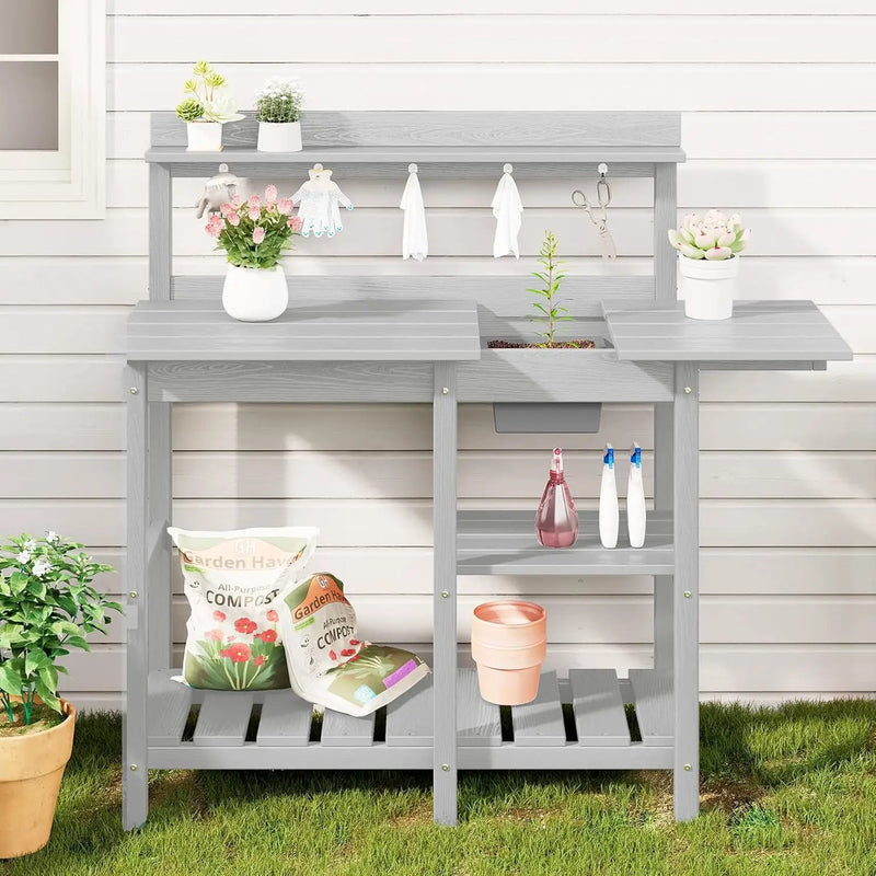 SERWALL Potting Bench Outdoor Potting Table with Sink, HDPE Potting Benches for Outside Gardening Table All Weather Use- Spanish Gray by GreenHaven Gardens
