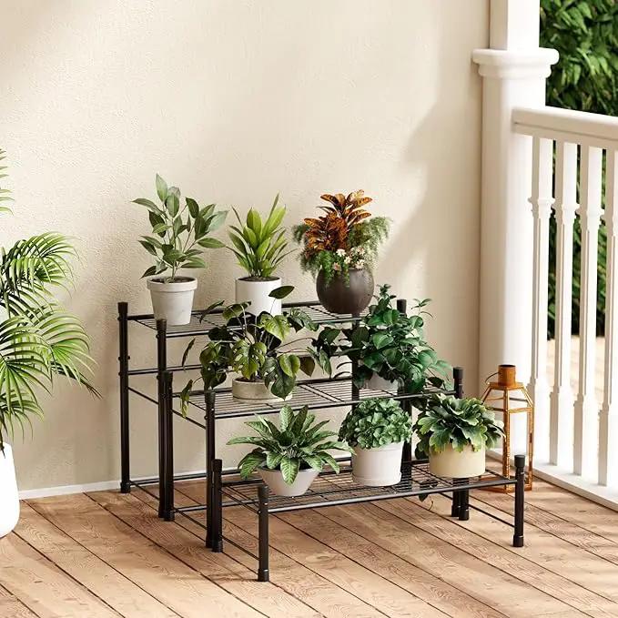 New England Stories Outdoor Plant Stand, 3-Tier Metal Plant Rack, Heavy Duty and Waterproof Plant Shelf, Stackable Tall Flower Pot Holder for Garden Display Rack, Black by GreenHaven Gardens
