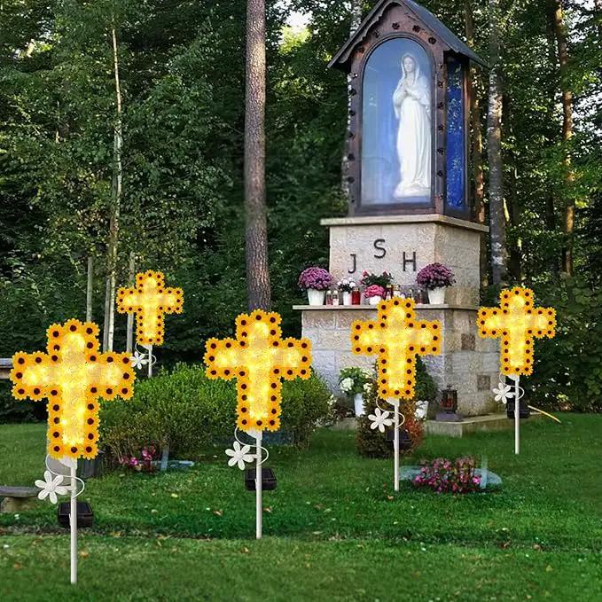 YJFWAL 2 Pack Solar Daisy Cross Garden Stake Lights, Yard Solar Lights Cemetery Decorations for Grave Outdoor Light Jesus Cross Sympathy Memorial Gifts for Grandmother, for Garden Yard Lawn Pathway by GreenHaven Gardens