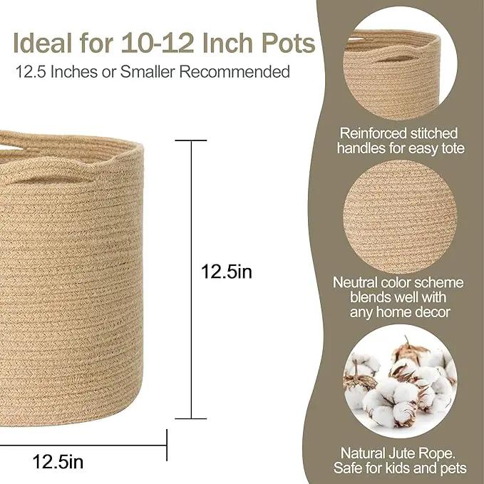 Woven Jute Plant Basket, Wicker Basket Planter for 11 inch Pot, Round Indoor Tree Pot Cover, Small Boho Storage Bin Organizer, Rustic Basket for Plants and Home Decor, 12.5” x 12.5” by GreenHaven Gardens