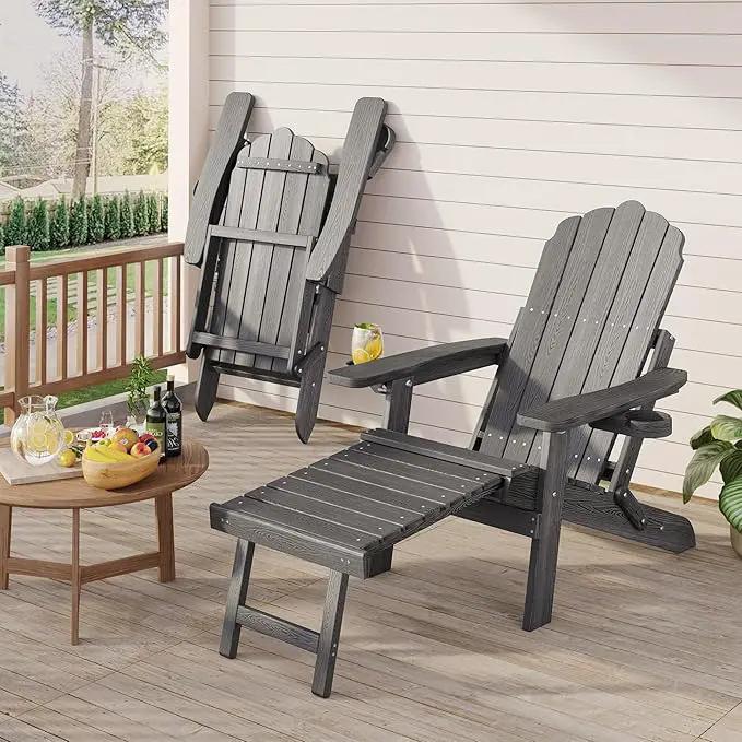 Adjustable Backrest Folding Adirondack Chair with Ottoman & 2 Cup Holders, HIPS Weather Resistant Adirondack Chair, Outdoor Fire Pit Chair for Beach, Pool, Deck, Porch, Yard, Lawn, Grey by GreenHaven Gardens