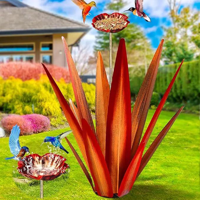Large Tequila Rustic Sculpture, Rustic Metal Agave Plants for Outdoor Patio Yard, Home Decor Hand Painted Metal Agave Garden Yard Statue, Outdoor Lawn Ornaments (Red - L (W/Bird Feeder)) by GreenHaven Gardens