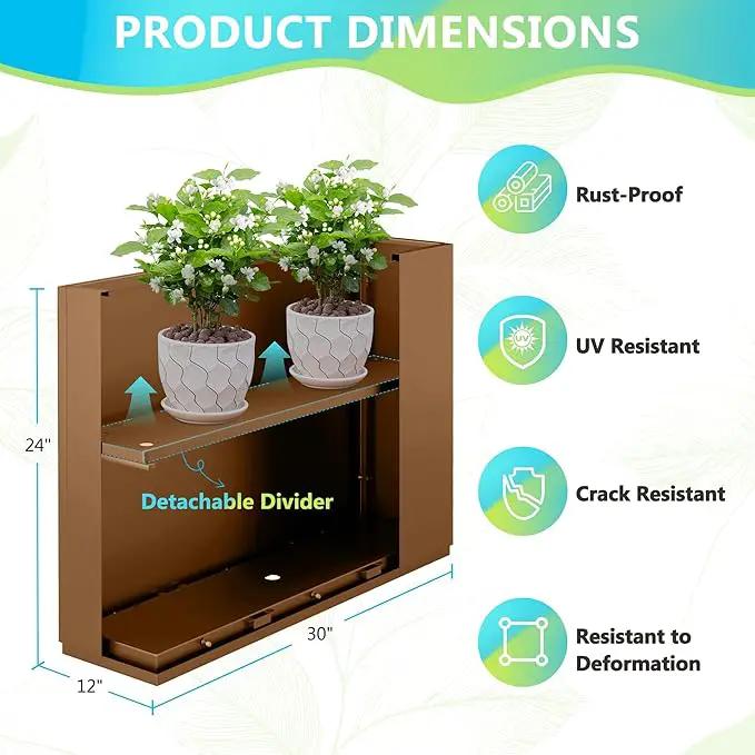 FENCY Metal Planter Box, Large Rectangular Planters for Outdoor Plants, Outdoor Tall Planters with Drainage Holes, Brown Metal Planters (30" L x 12" W x 24" H) by GreenHaven Gardens