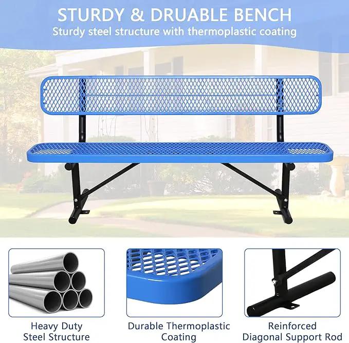 8FT Heavy Duty Park Bench with Back Portable Frame, Outdoor Steel Bench with Backrest, Outdoor Park Bench Expanded Metal Mesh Bench for Lawn, Park, Deck, Garden, Patio, Porch, Black (Blue, 8FT) by GreenHaven Gardens