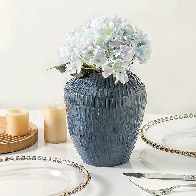 Blue Ceramic Vase for Home Decor,7.8 Inch Flower Vases，Decorative Vase for Pampas Grass，Modern Art Texture Vases for Home Entryway Living Room Dining Table Farmhouse Office Decor- Blue by GreenHaven Gardens