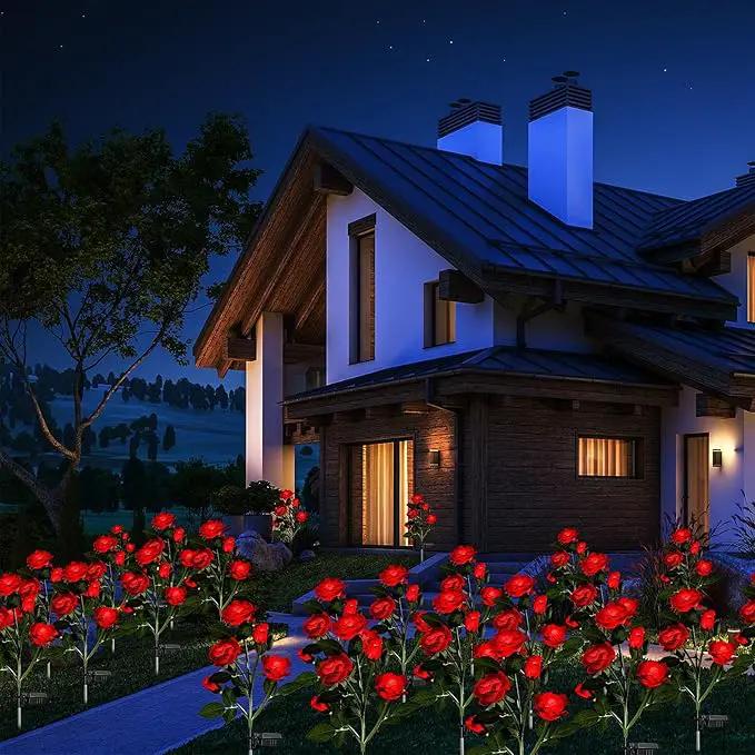 4 Pack Outdoor Solar Flower Lights Waterproof Garden Decorative Lights Outside Solar Powered Pathway Lights with 20 Realistic Rose Flowers for Yard Lawn Pathway Backyard Decor(Red) by GreenHaven Gardens