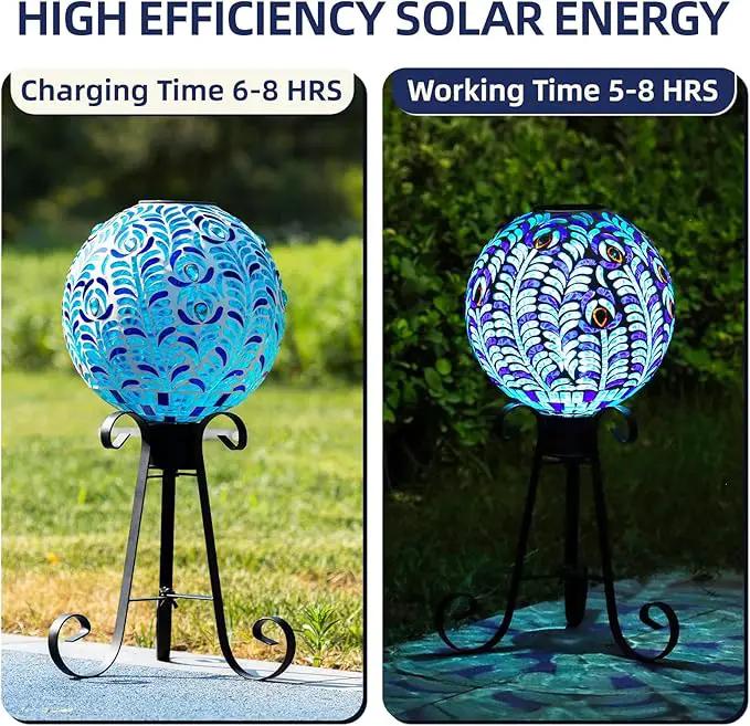 VOREEN Solar Gazing Ball, Mosaic Glass Gazing Globe with Solar Light, Waterproof Outdoor Yard Decoration Sphere for Homes, Patio, Lawn and Gardens, 10", Blue by GreenHaven Gardens