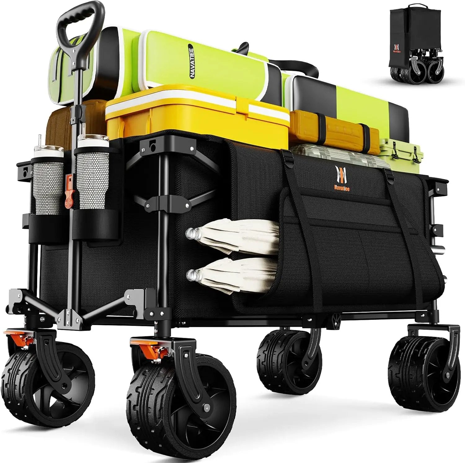 Navatiee Big Wheels Collapsible Wagon Cart Foldable, Heavy Duty Beach Wagon with Silent All-Terrain Wheels, Folding Utility Grocery Cart with Side Pocket and Brakes for Camping Garden Sports, Black by GreenHaven Gardens