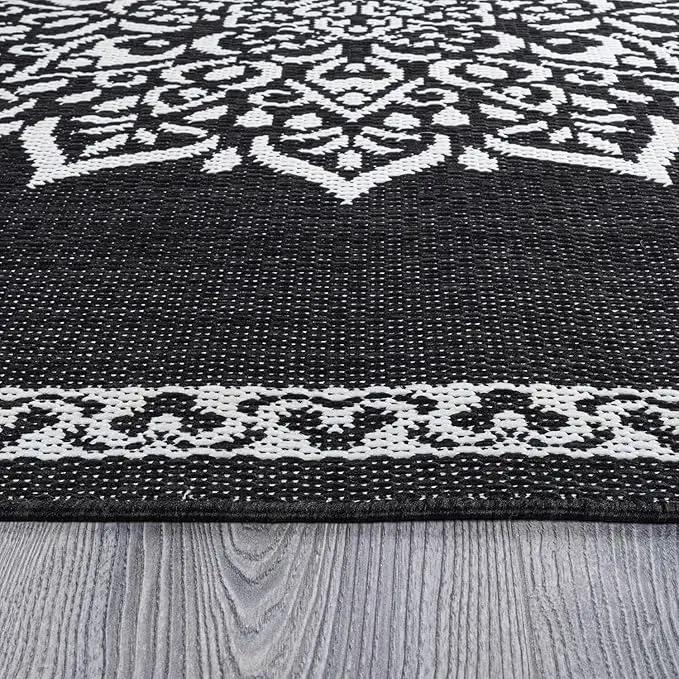 CAMILSON Outdoor Rug, 5x7 Medallion Black White Modern Area Rugs for Indoor and Outdoor Patios, Kitchen and Hallway Mats, Washable Porch Deck Outside Carpet (Medallion Black, 5 x 7) by GreenHaven Gardens