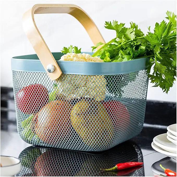 Metal Mesh Steel Basket, Storage Organizer Basket Multi-functional Hanging Kitchen Baskets Fruit Basket Bin with Bamboo Handle for Kitchen Bathroom Picnic Shopping Decor Cabinet Home, Blue by GreenHaven Gardens