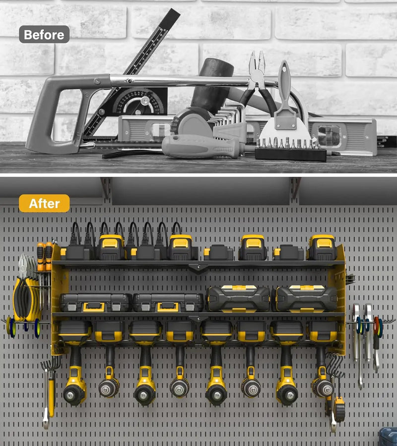 JUNNUJ Large Pegboard Power Tool Organizer with Charging Station, 8 Drills Driver and Tools Battery Holder Wall Mount with 8 Outlet Power Strip, Yellow 3-Layer Shop Garage Storage Utility Rack by GreenHaven Gardens