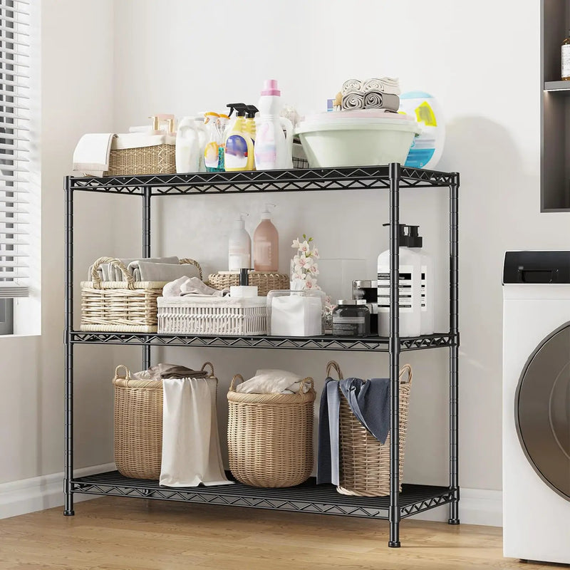 3- Shelf Metal Shelving Unit 35.6Wx14Dx36H Adjustable Storage Shelves Heavy Duty Garage Shelving Steel Wire Shelving for Laundry Bathroom Kitchen Pantry Closet Garage Black by GreenHaven Gardens