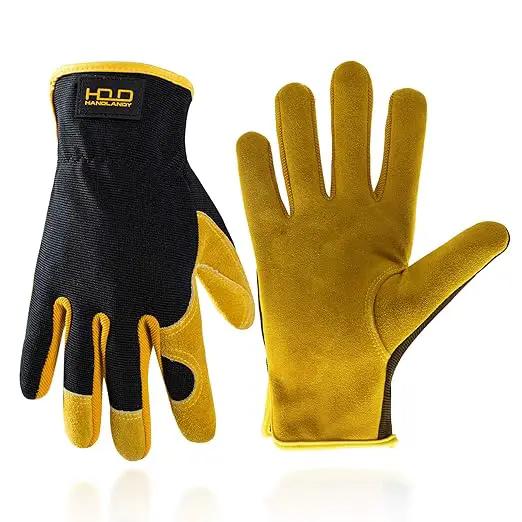 HLDD HANDLANDY Garden Gloves Men, Leather Work Gloves for Men & Women, Cowhide Gardening Gloves Utility Work Gloves for Mechanics, Construction, Driver (M, Yellow) by GreenHaven Gardens