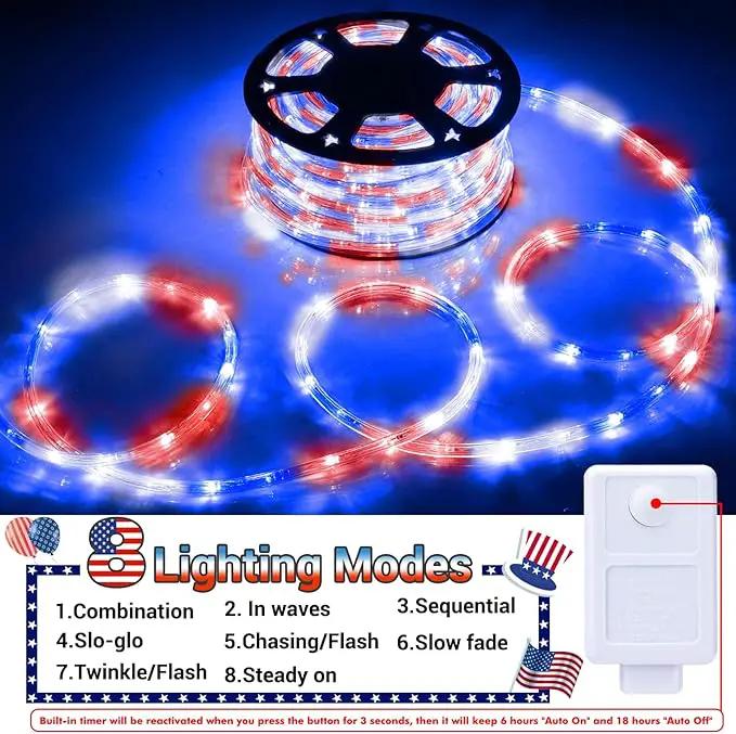 50ft LED Rope Lights Outdoor,360 LED Connectable & Flexible Tube Lights with 8 Modes, Waterproof LED Rope Lighting for Independence Flag Day, Memorial Day, Outdoor,Indoor Decor (Red & White & Blue) by GreenHaven Gardens