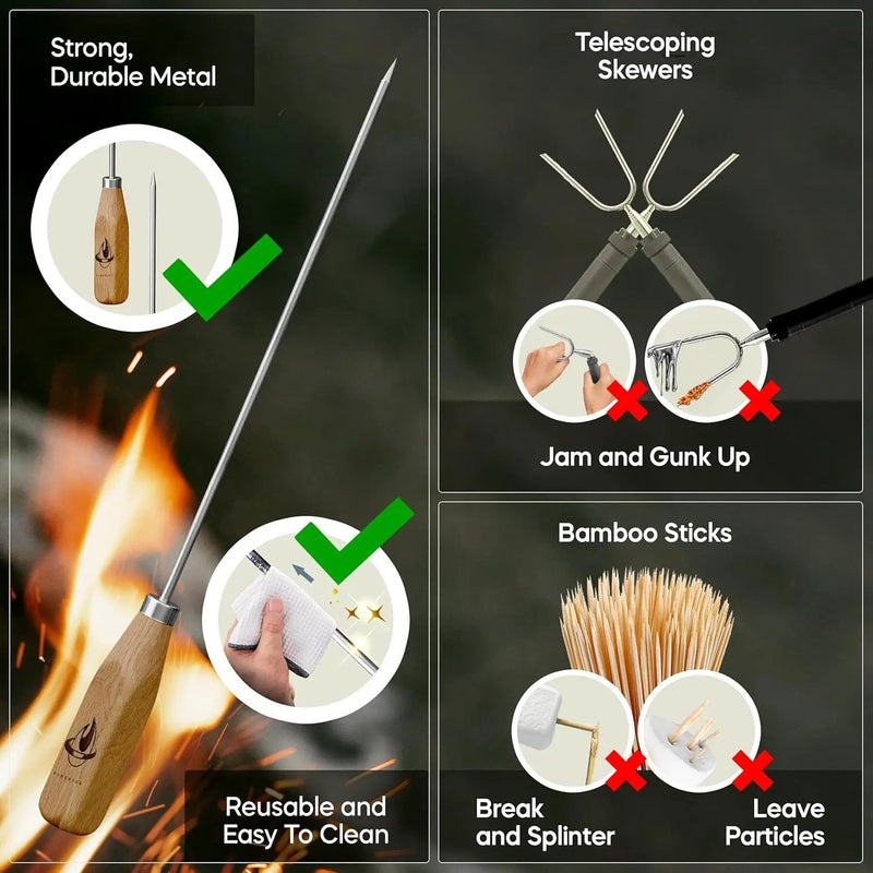 Marshmallow Sticks for Fire Pit - 34" Extra Long Roasting Smores Stick - Campfire Metal Skewers Roast Hot Dog Corn BBQ Utensil Holder Kit Outdoor Camping Accessories with Wooden Handle (10-Pack) by GreenHaven Gardens