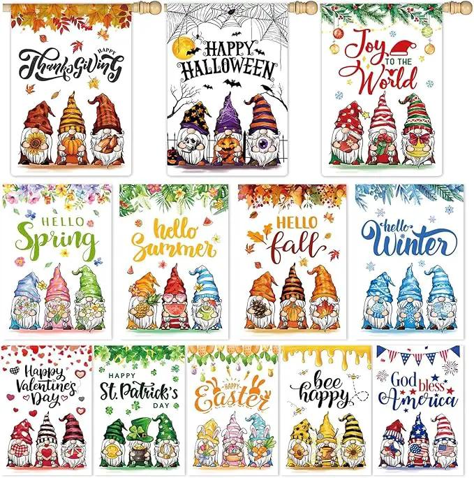 12 Pcs Three Gnomes Seasonal Large Garden Flags Double Sided Seasonal Truck Garden Flags for All Seasons Set of 12 Spring Easter Valentine Halloween Christmas Holiday Yard Decoration, Welcome Outdoor by GreenHaven Gardens