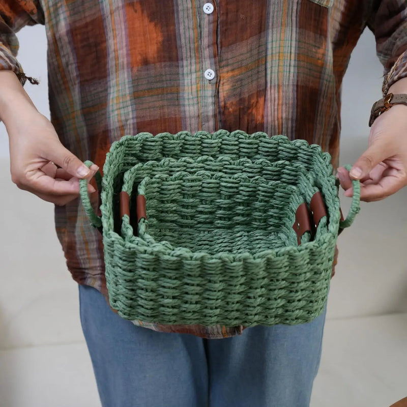 Small baskets for Organizing,Cute woven Storage basket with recycled paper rope for Shelves Bathroom,Little decorative basket,Set of 3 (Dark Green) by GreenHaven Gardens