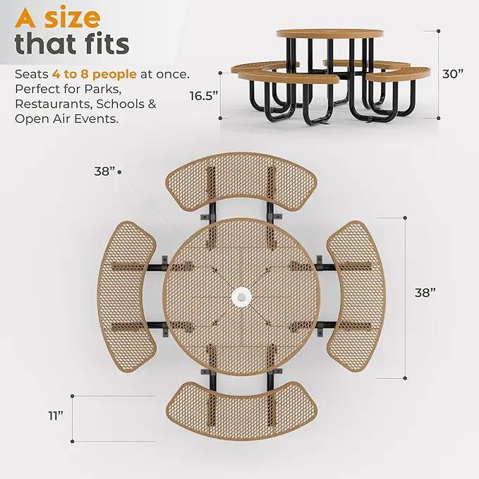 Metal Picnic Tables for Outdoors with Umbrella Hole - Coated Steel Heavy Duty Commercial Grade Table with Adjustable Seats (Brown, 38 in, Round, Expanded Steel) by GreenHaven Gardens