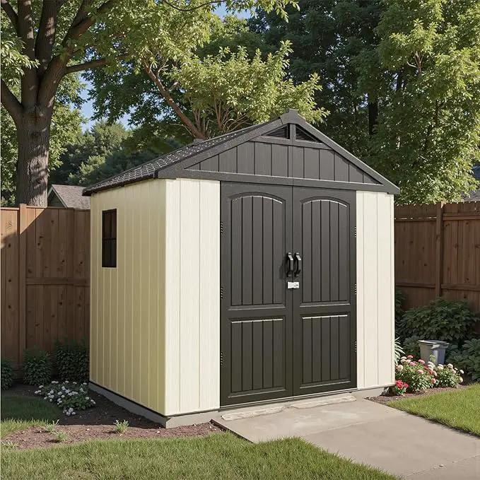 Patiowell 8 x 6 FT Resin Outdoor Storage Shed with Floor, Large Shed with Light and Lockable Door for Garden, Backyard, Tool Storage Use, Easy to Install in Beige (Kick-it Shed) by GreenHaven Gardens