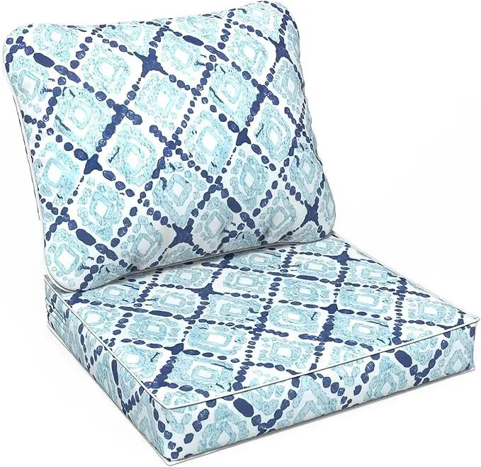 LVTXIII Outdoor Deep Seat Cushion Patio Seat and Back Cushion Set Seasonal Chair Cushion with Removable Cover and Adjustable Buckle for Home and Garden, 24"x24"x4", Boho Geometry Blue by GreenHaven Gardens
