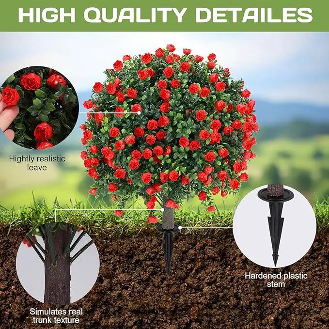 Artificial Red Rose Topiary Ball Tree 25" with Ground Spike, Set of 2 Artificial Boxwood Bushes for Faux Shrubs, Fake Evergreen Faux Plant for Indoor Outdoor Porch Garden -UV Resistant–Fade-Proof by GreenHaven Gardens