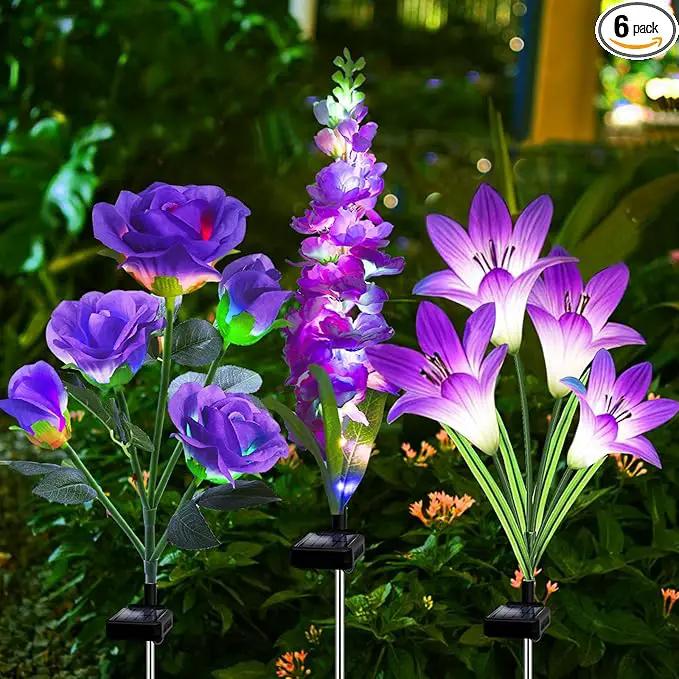 Solar Flowers Lights, 6 Pack Lily Rose Delphinium, Waterproof Gardening Gifts for Mom, Multi-Color Changing Outdoor Lights for Garden, Yard, Patio, Lawn by GreenHaven Gardens