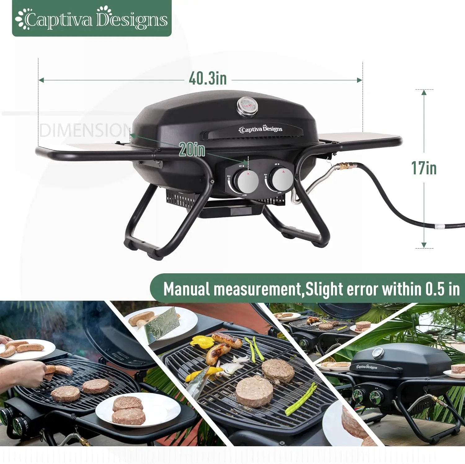 Captiva Designs Portable Propane Grill, 15,000 BTU Output TableTop Liquid Gas Grill with 2 Stainless Steel Burners, 275 sq.in. Cooking Area with Side Tables by GreenHaven Gardens