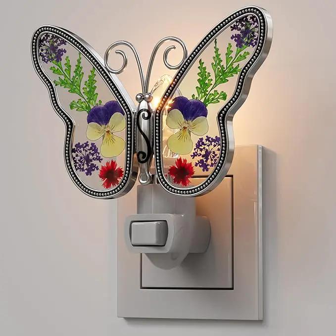 KY&BOSAM Butterfly Night Light Plug into Wall Night Lights Real Flower Glass and Metal Nightlights for Hallway Nursery Bedroom Bathroom Kids Room Kitchen Stairway Accent Elegant Themed Home Decoration by GreenHaven Gardens