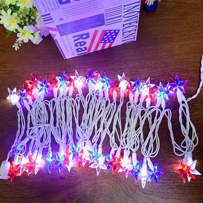 50 LED Red White and Blue Star Lights, 18.5FT 4th of July Lights Plug in, Patriotic Decorations Outdoor Star String Light for Home Patio Porch Garden Memorial Day Independence Day Decor, White Wire by GreenHaven Gardens
