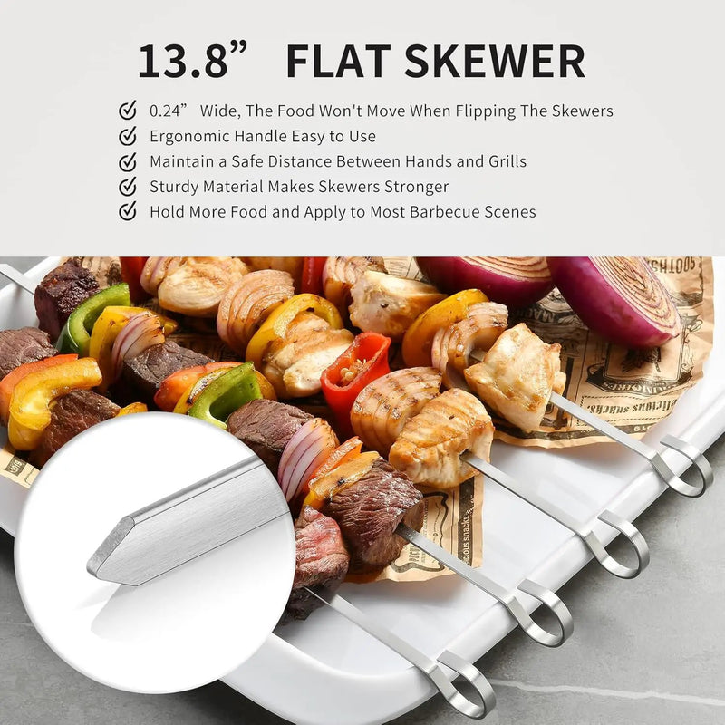 13.8" 12 Pack - Metal Flat Skewers Reusable Kabob Skewers BBQ Barbecue Skewers for Grilling, Stainless Steel by GreenHaven Gardens