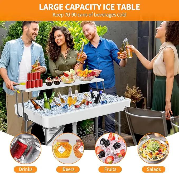 Portable Folding Ice Cooler Table - 2 Tier Outdoor Cooler Table with Removable Matching Skirt and Shelf, Ice Tables for Party, Camping, Picnic, Foldable Self-Serving Beverage Cooling Bar(White) by GreenHaven Gardens