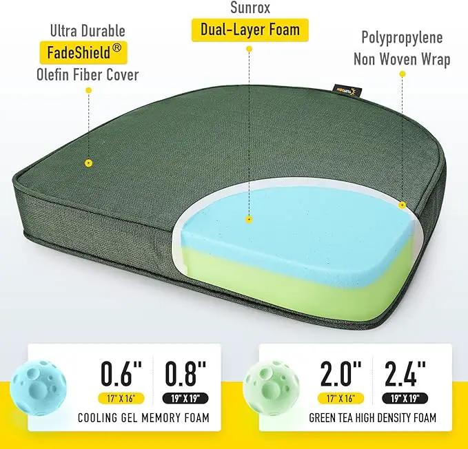 SUNROX Gel Memory Foam Chair Cushions, FadeShield Water-, Stain-Resistant Durable Reversible Seat Cushion Pads with Ties for Indoor/Outdoor Kitchen Dining Office, 19"x19", Set of 2, Heather Fern by GreenHaven Gardens