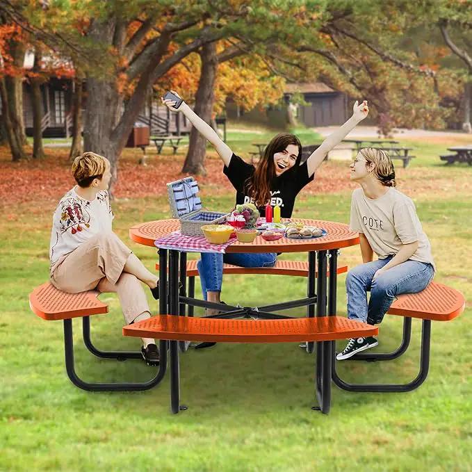46'' Steel Round Picnic Table for Outdoors, Expanded, Lifetime Picnic Table with Umbrella Hole, Heavy Duty Sturdy Commercial Picnic Tables for Garden Courtyard BBQ, Orange by GreenHaven Gardens