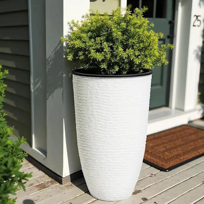 WORTH Garden 2-Pack 21" H. White Tall Planters with Inside Pots - 14'' Dia Plastic Large Round Plant Tree Pots - Decorative Imitation Stone Finish for Indoor Outdoor Front Porch Container Patio by GreenHaven Gardens