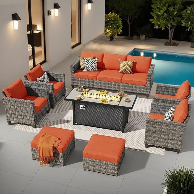 ovios 8 Pieces Patio Furniture Set with 54" Fire Pit Table, Outdoor Wicker Sofa with Comfy Cushions, All Weather High Back Rattan Couch Conversation Set, Orange Red by GreenHaven Gardens