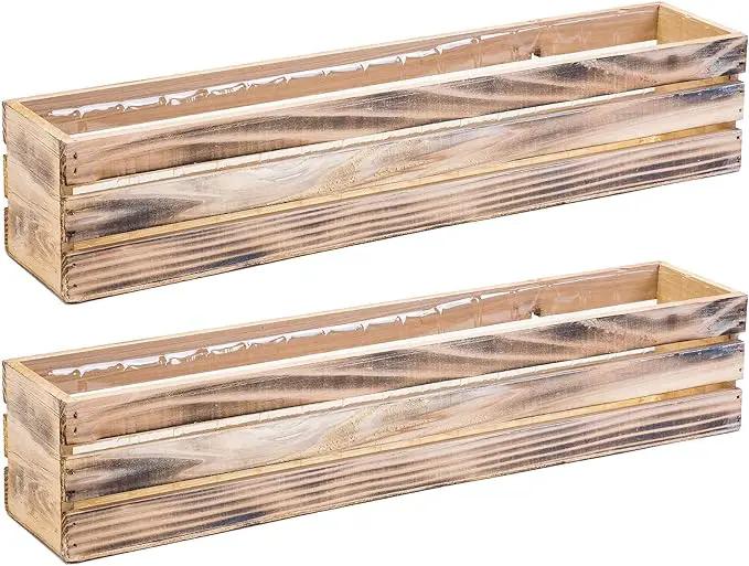 20" Rectangular Rustic Wood Planter with Plastic Liner l Rustic Whitewash l Wine Crate Style, Home and Wedding Decorations, Garden Ornaments (20x4 Wine Crate Set of 2, Whitewash) by GreenHaven Gardens