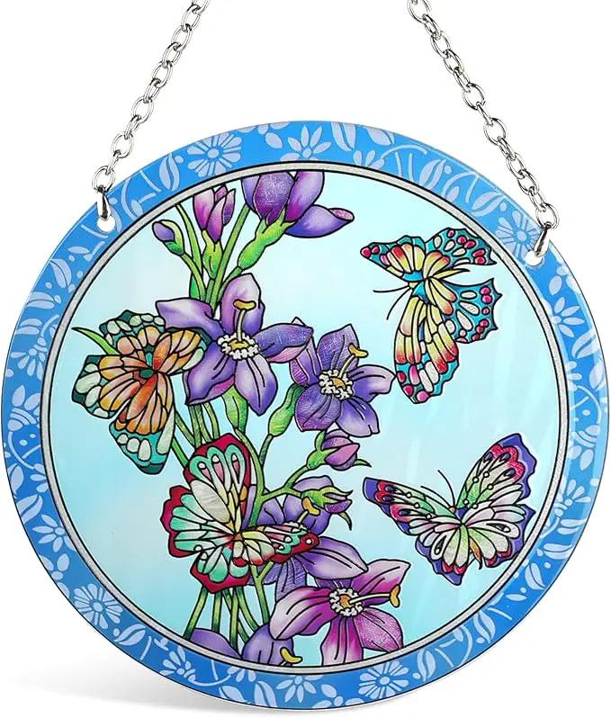 Butterfly Stained Glass Window Hanging - Butterfly Gifts for Women, Birds Suncatchers for Windows - Birds Window Hangings with Chain and Hook, 6 inch Stained Glass Suncatcher for Mom by GreenHaven Gardens