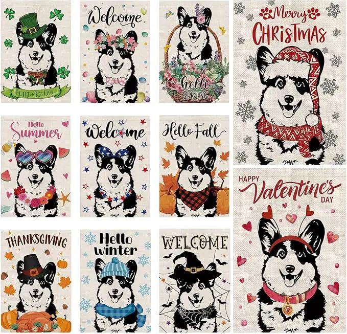 Seasonal Garden Flags Corgi Dog Double Sided Flags Set of 11 Holiday Farmhouse Indoor Outdoor Yard Lawn Christmas Gifts Decorations 12.5x18 Inch by GreenHaven Gardens