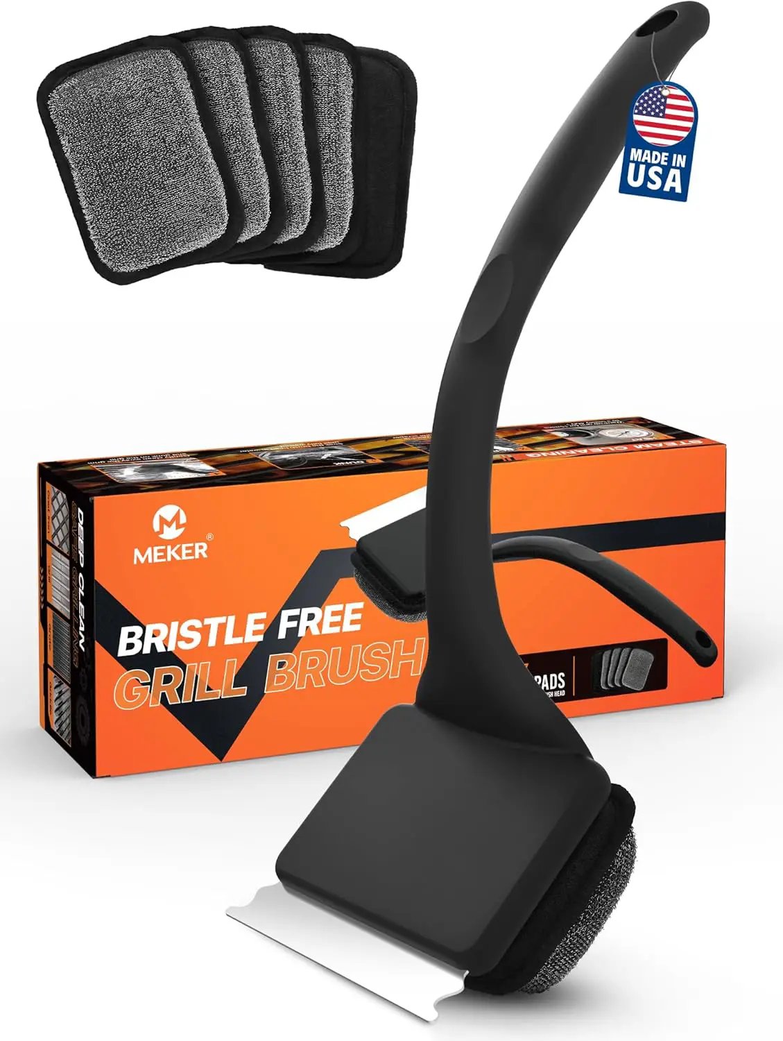 MEKER Grill Brush Bristle Free, Grill Cleaner Brush with 5 BBQ Replacement Head for Cast Iron, Stainless Steel Grates, Safe Grill Scraper Outdoor BBQ Grill, Black by GreenHaven Gardens