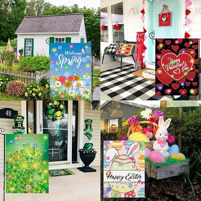 Lighted Seasonal Garden Flags Set of 12 Double Sided 12 x 18 Inch LED Yard Flags, Small Flags for Outside, Fall Winter Halloween Christmas Outdoor Flags,Solar Holiday Garden Flags for All Seasons by GreenHaven Gardens