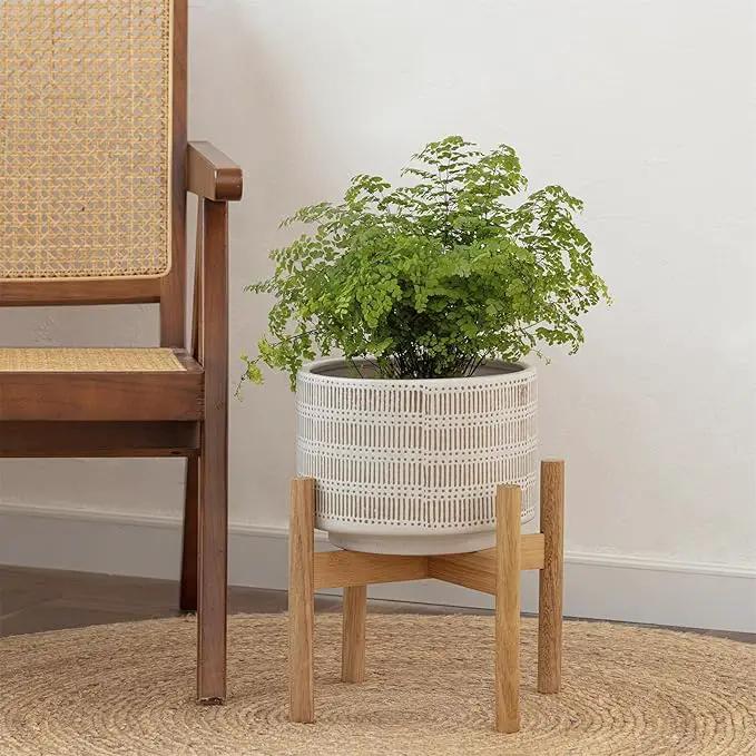 LA JOLIE MUSE Ceramic Plant Pot with Wood Stand - 9.4 Inch Modern Round Decorative Flower Pot Indoor with Wood Planter Holder, Beige & White by GreenHaven Gardens