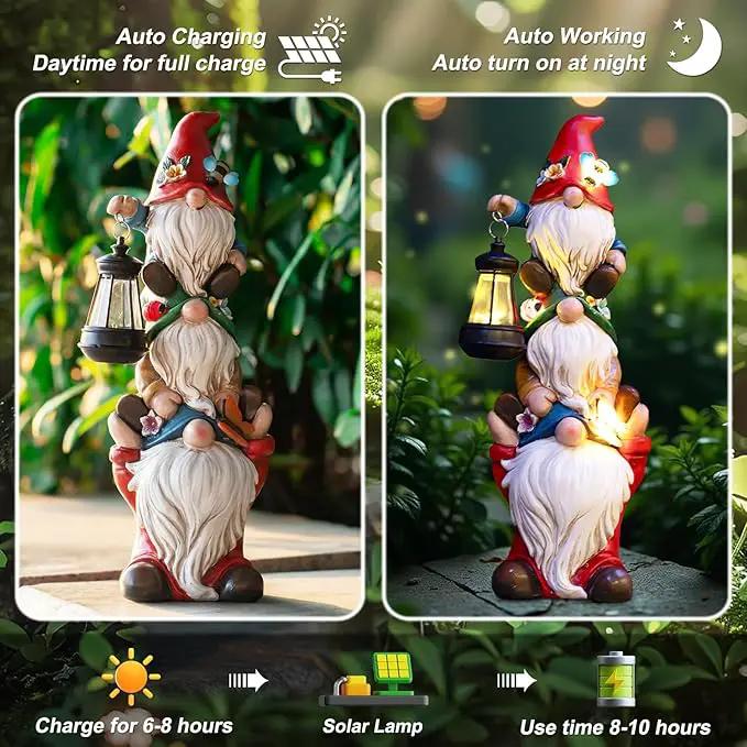 Garden Gnome Statue with Solar Lights Large Garden Sculptures Funny Triple Gnome Outdoor Patio Lawn Yard Garden Decor Gifts for Women Mom 12 in Spring Gnomes Outdoor by GreenHaven Gardens