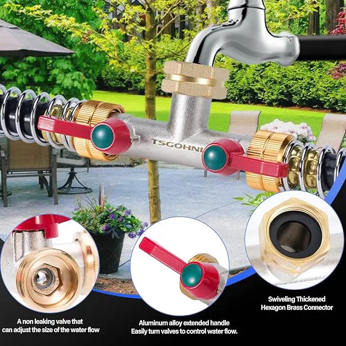 Hose Splitter, 180 Degree T Type Water Hose Splitter, Faucet Splitter 2 way 3/4" GHT Thickened Hexagonal Water Inlet with 2 More Extension Handles by GreenHaven Gardens