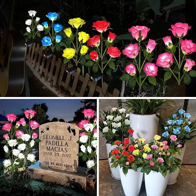 Solar Garden Lights - Realistic 10 Rose Waterproof Solar Powered Flowers for Outside Patio Yard Pathway Decorations, 2 Pack Pink by GreenHaven Gardens