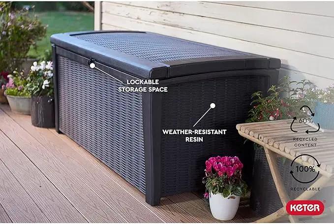 Keter Outdoor Storage Deck Box for Patio, Backyard & Garden, Borneo, 110 Gal, Grey - Lockable, Organizing, and Waterproof Plastic Container Bench by GreenHaven Gardens