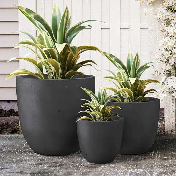 Kante 18",14",10" Dia Concrete Round Planters (Set of 3), Outdoor Indoor Large Planter Pots with Drainage Hole and Rubber Plug for Home Patio Garden, Black by GreenHaven Gardens