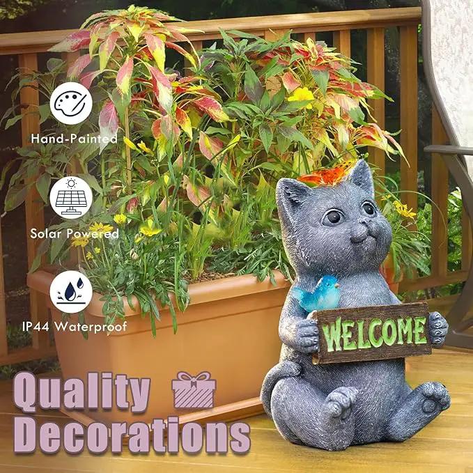 Solar Cat Figurine Garden Statues : Outside Welcome Cat Statue with Butterfly for Garden Decor and Yard Decorations - Unique Gifts for Women and Mom by GreenHaven Gardens